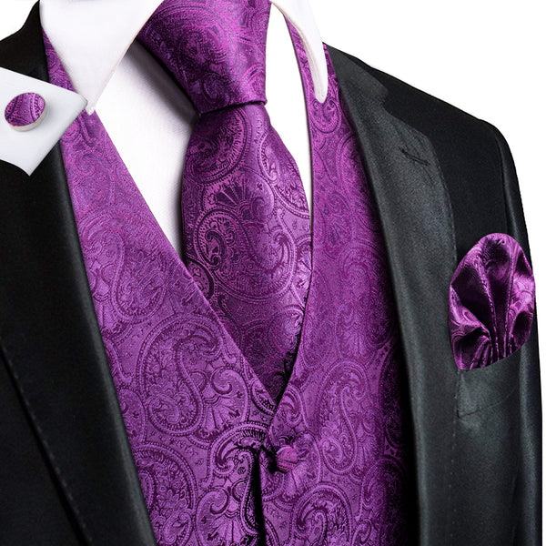 Dark Purple Paisley Jacquard Silk Men's Vest Hanky Cufflinks Tie Set