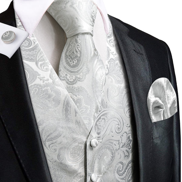 Grey White Silk Men's Vest Hanky Cufflinks Tie Set