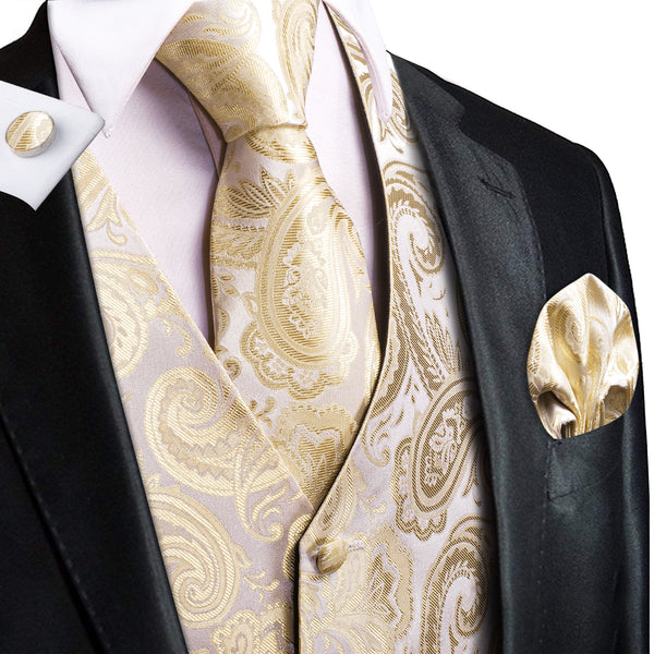 Champagne Beige Paisley Jacquard Silk Men's Vest Hanky Cufflinks Tie Set