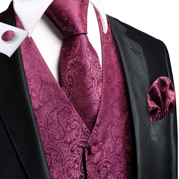 Purple Red Paisley Jacquard Silk Men's Vest Hanky Cufflinks Tie Set