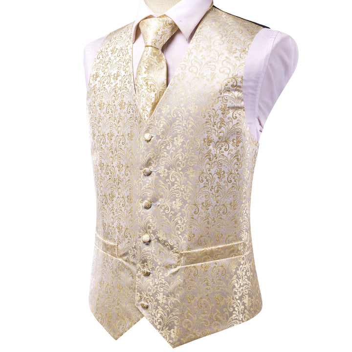 Champagne Beige Floral Jacquard Silk Men's Vest