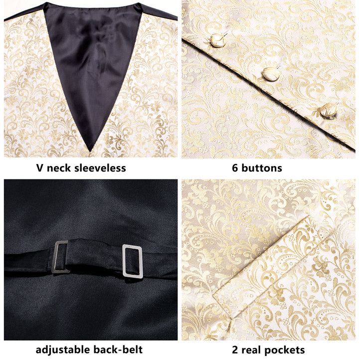 Champagne Beige Floral Jacquard Silk Men's Vest