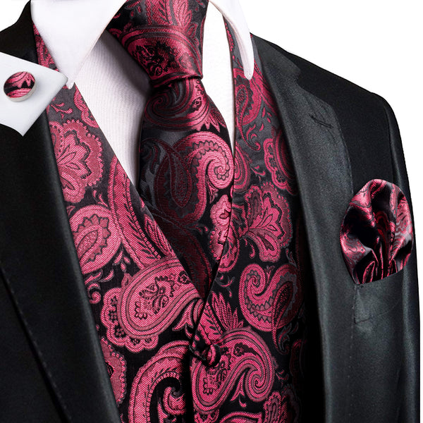Dark Red Paisley Jacquard Silk Men's Vest Hanky Cufflinks Tie Set
