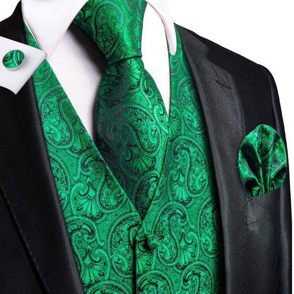 Green Paisley Jacquard Silk Men's Vest Hanky Cufflinks Tie Set
