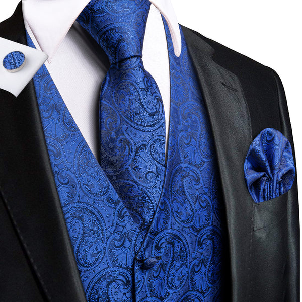 Royal Blue Paisley Jacquard Silk Men's Vest Hanky Cufflinks Tie Set