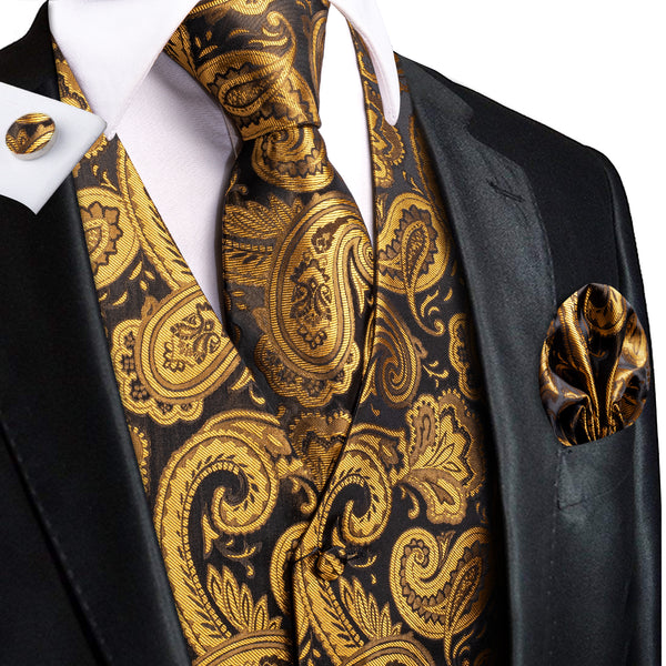 Brown Golden Paisley Jacquard Silk Men's Vest Hanky Cufflinks Tie Set