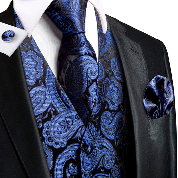 Black Blue Paisley Jacquard Silk Men's Vest Hanky Cufflinks Tie Set