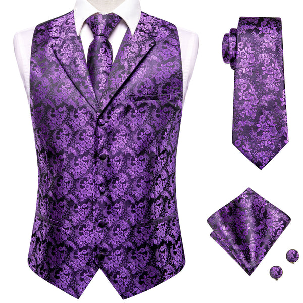 Black Purple Paisley Jacquard Silk Men's Vest Hanky Cufflinks Tie Set