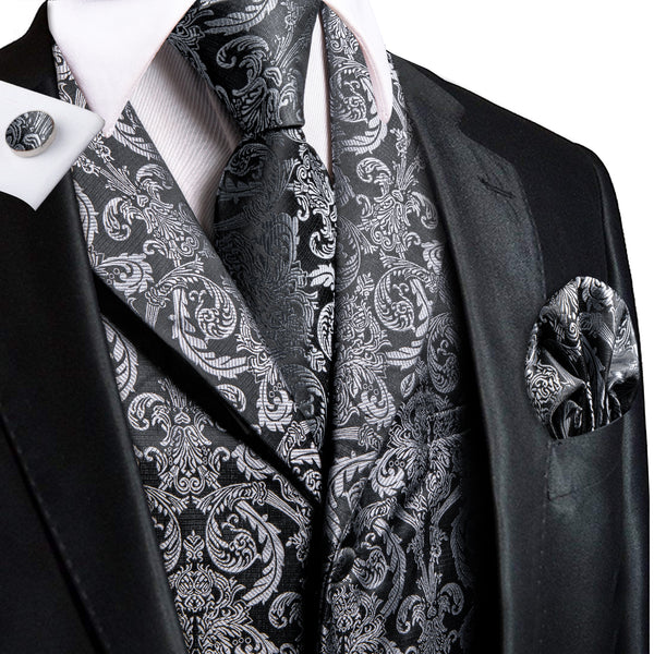 Grey White Paisley Jacquard Silk Men's Vest Hanky Cufflinks Tie Set