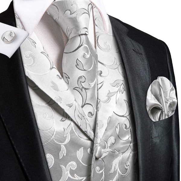 Silver Light Grey Floral Jacquard Silk Men's Vest Hanky Cufflinks Tie Set