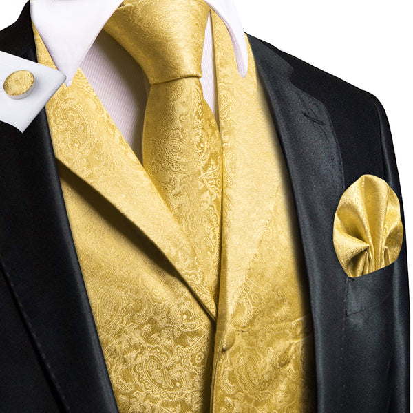 Yellow Paisley Jacquard Silk Men's Vest Hanky Cufflinks Tie Set