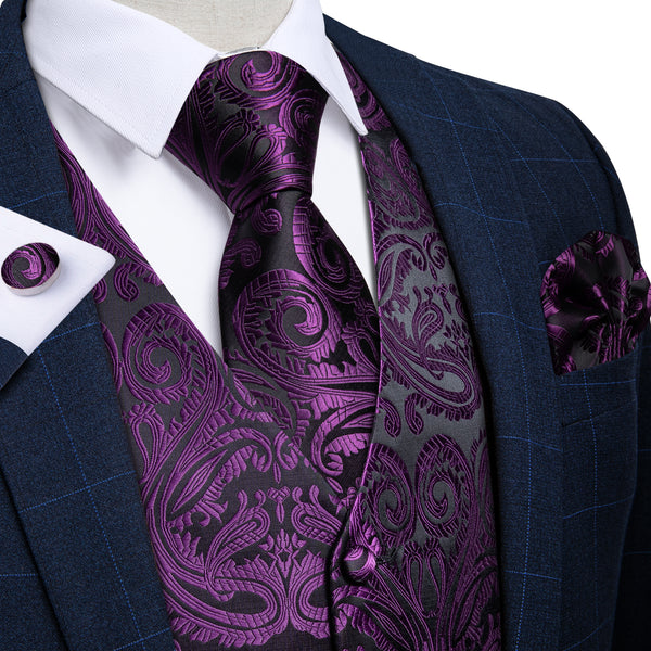 Black Purple Paisley Jacquard Silk Men's Vest Hanky Cufflinks Tie Set
