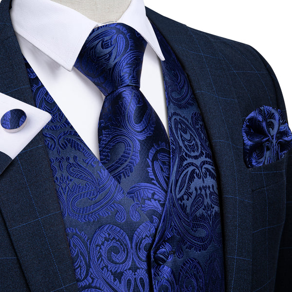 Royal Blue Paisley Jacquard Silk Men's Vest Hanky Cufflinks Tie Set