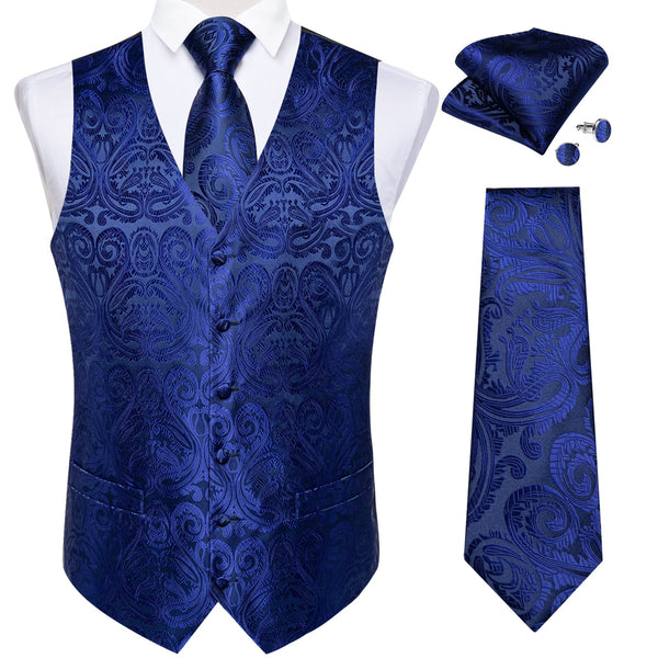 Royal Blue Paisley Jacquard Silk Men's Vest Hanky Cufflinks Necktie