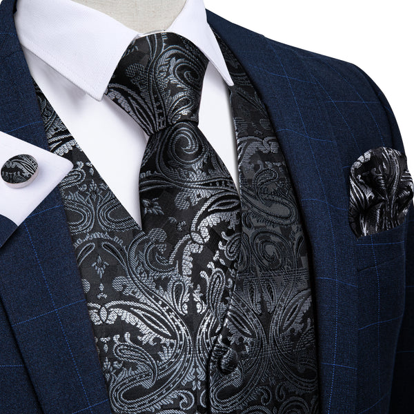 Black White Gradient Paisley Jacquard Silk Men's Vest Hanky Cufflinks Tie Set