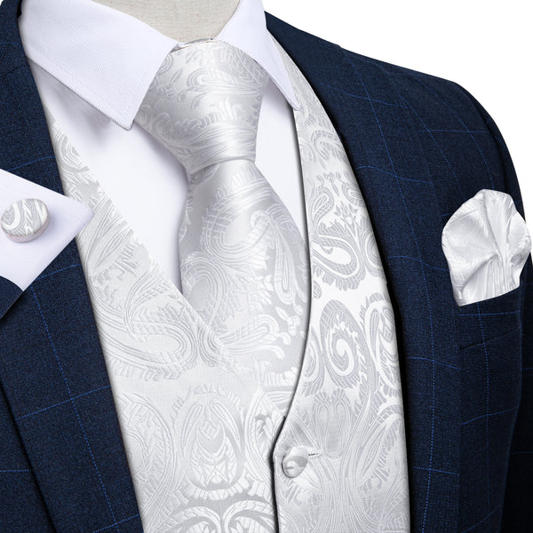 Pure White Paisley Jacquard Silk Men's Vest Hanky Cufflinks Tie Set