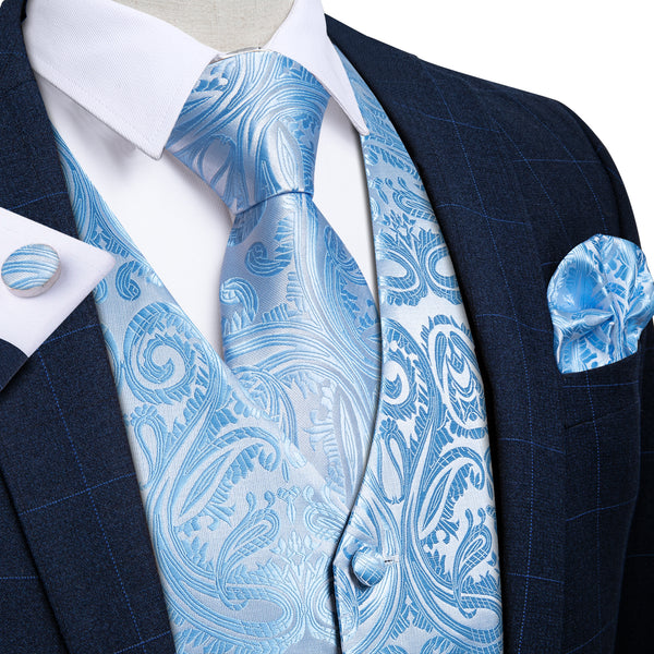 Sky Blue Paisley Jacquard Silk Men's Vest Hanky Cufflinks Tie Set