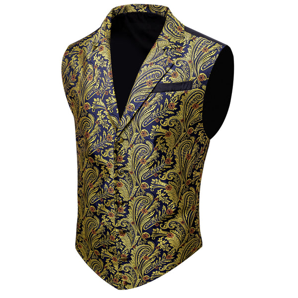 Deep Blue with Golden Paisley Jacquard Men's Collar Victorian Suit Vest