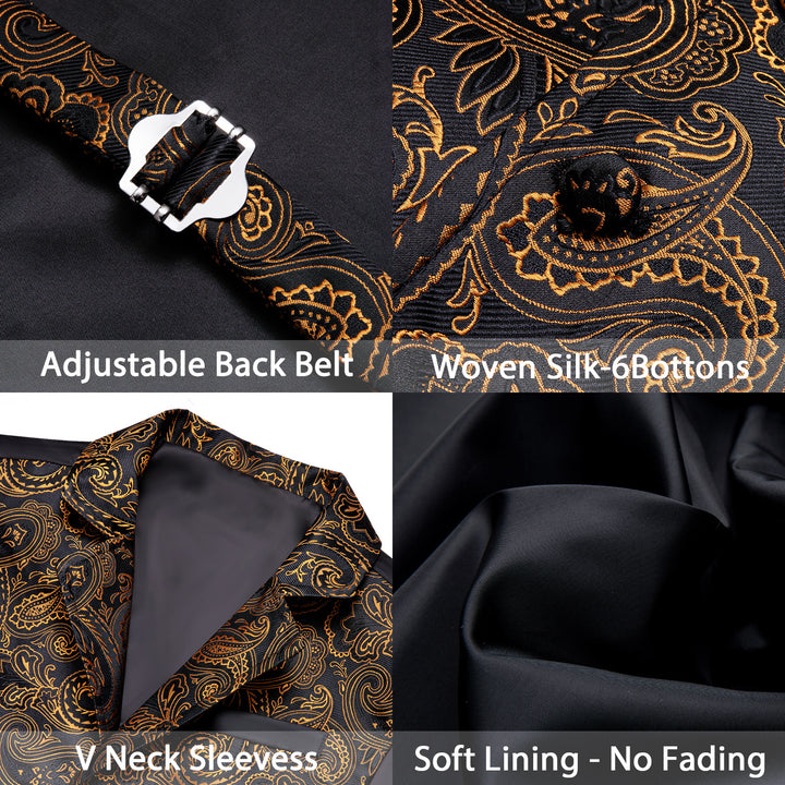Black Golden Paisley Jacquard Men's Collar Victorian silk vest for suit