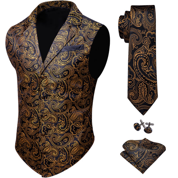 Black Golden Paisley Jacquard Men's Collar Victorian Suit Vest Tie Hanky Cufflinks Set