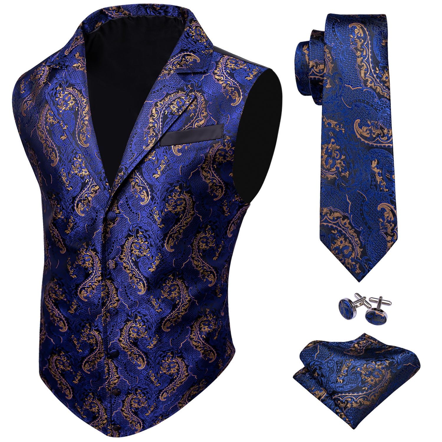 Royal Blue Paisley Jacquard Men's Collar Victorian Suit Vest Tie Hanky ...