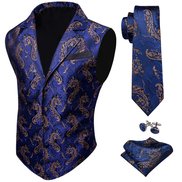 Royal Blue Paisley Jacquard Men's Collar Victorian Suit Vest Tie Hanky Cufflinks Set