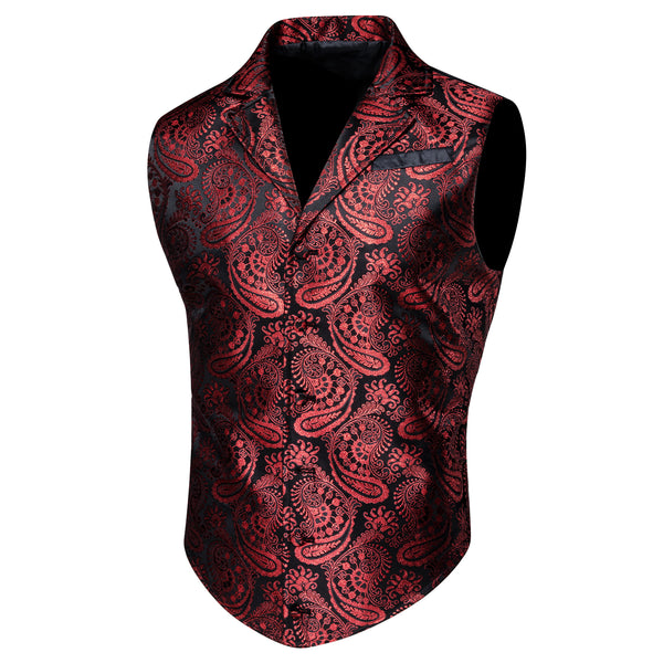 Ties2you Men's Vest Black Red Paisley Jacquard Notched Collar Victorian Suit Vest