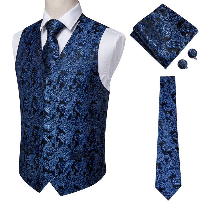 Black Blue Paisley Jacquard Silk Men's vest for groomsmen