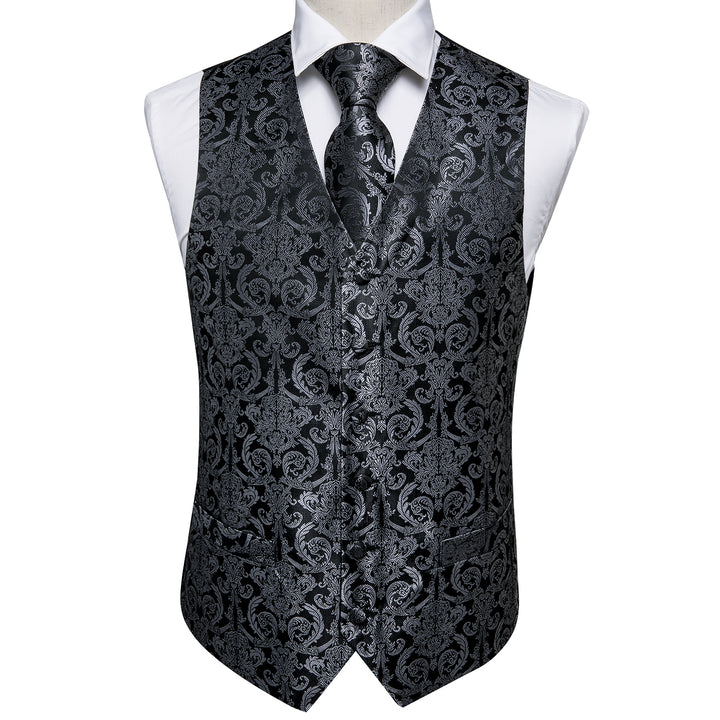 black grey floral silk vest for mens