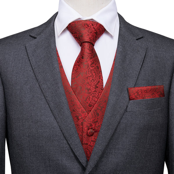 Luxury Red Paisley Jacquard Silk Men's Vest Hanky Cufflinks Tie Set