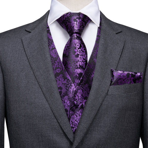 Luxury Purple Paisley Jacquard Silk Men's Vest Hanky Cufflinks Tie Set