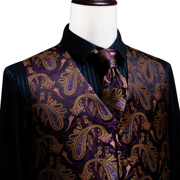 Luxury Purple Brown Paisley Men's Vest Tie Hanky Cufflinks Set Waistcoat Suit Set