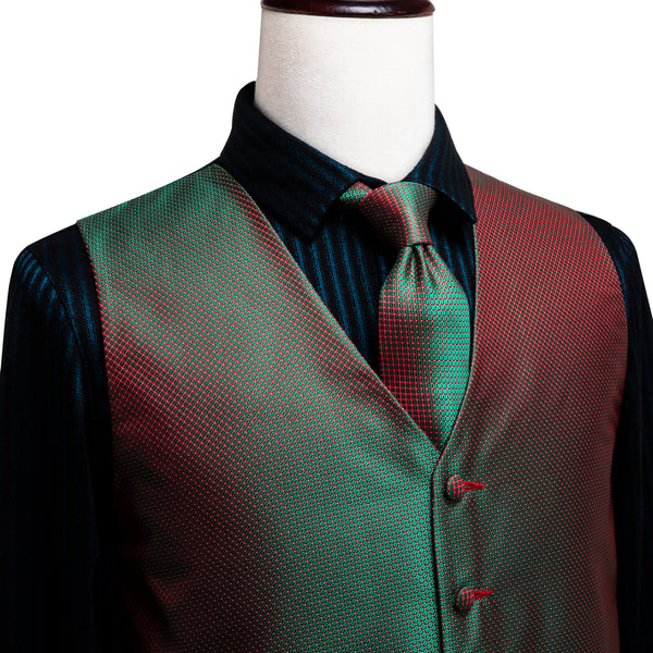 Simple Green Red Plaid Men's Vest Tie Hanky Cufflinks Set Waistcoat Suit Set
