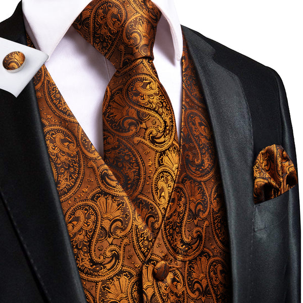 Pure Brown Paisley Men's Vest Tie Hanky Cufflinks Set Waistcoat Suit Set