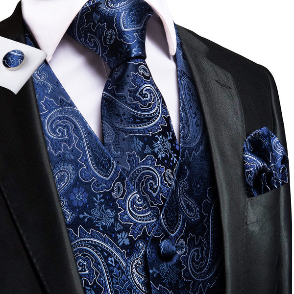 Fashion Navy Blue Paisley Men's Vest Tie Hanky Cufflinks Set Waistcoat Suit Set