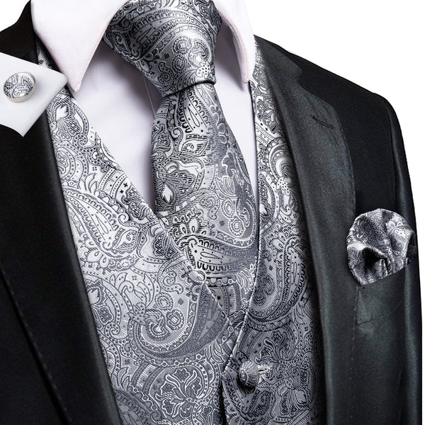 Dark Grey Paisley Men's Vest Tie Hanky Cufflinks Set Waistcoat Suit Set
