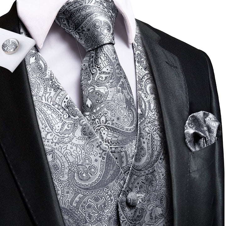 Dark Grey Paisley Men's silk wedding suit vest