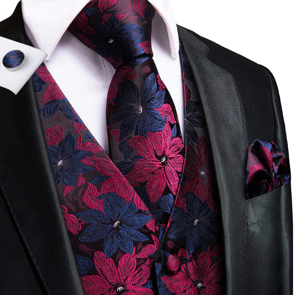 Burgundy Blue Floral Men's Vest Tie Hanky Cufflinks Set Waistcoat Suit Set