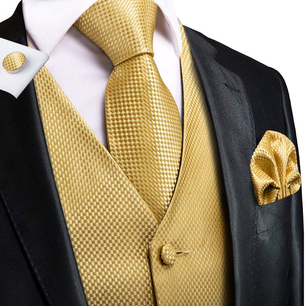 Golden Plaid Jacquard Silk Men's Vest Hanky Cufflinks Tie Set