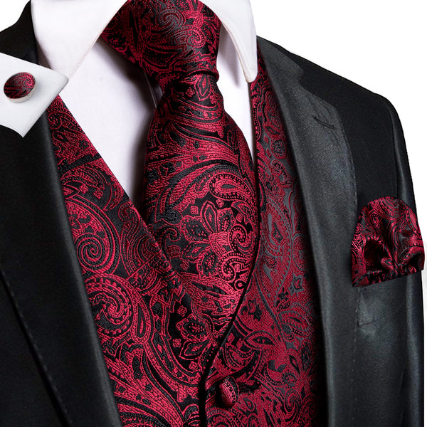 Ties2you Men's Vest Red Black Paisley Jacquard Silk Vest Hanky Cufflinks Tie Set