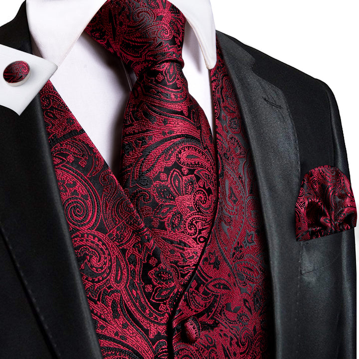Men's Vest Red Black Paisley Jacquard Silk casual vest