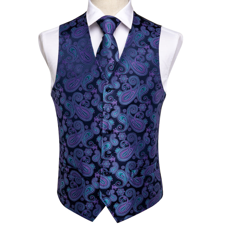 Blue Purple Paisley Jacquard Silk suit vest men