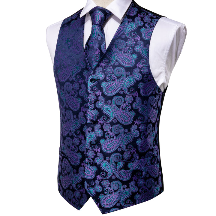 Blue Purple Paisley Jacquard Silk Men's formal vest outfit