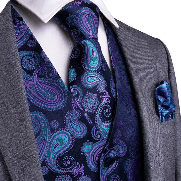 Blue Purple Paisley Jacquard Silk Men's dress vest