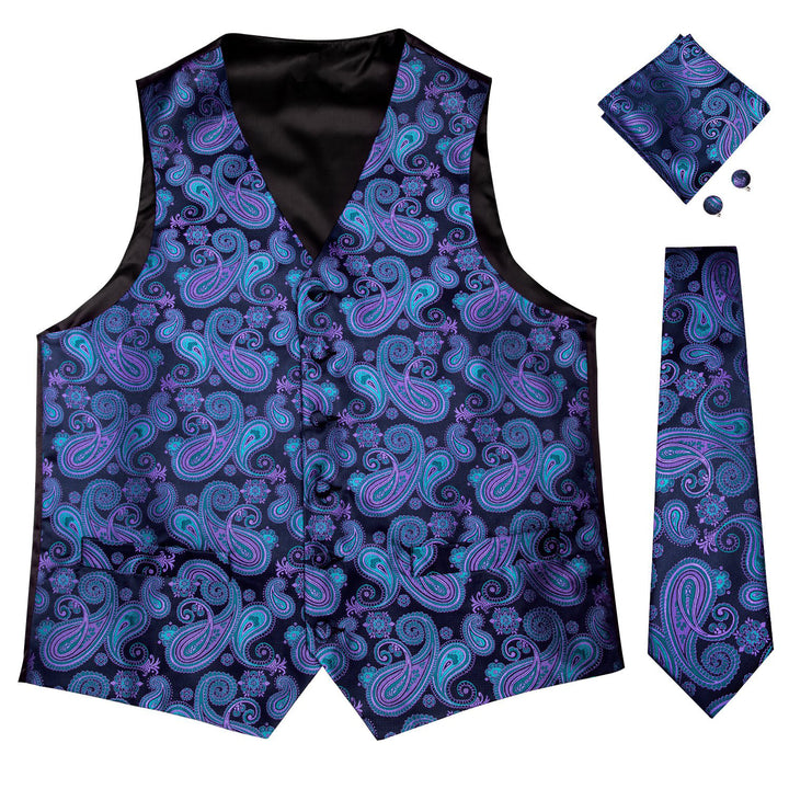Luxury Blue Purple Paisley Jacquard Silk mens dress vests