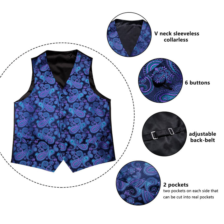  Blue Purple Paisley Jacquard Silk Men's vest for suit