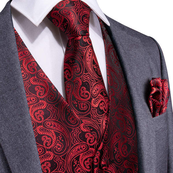 Black Red Paisley silk men vest outfit with grey suit