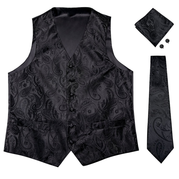 Luxury Black Paisley Jacquard Silk Men's Vest Hanky Cufflinks Tie Set ...