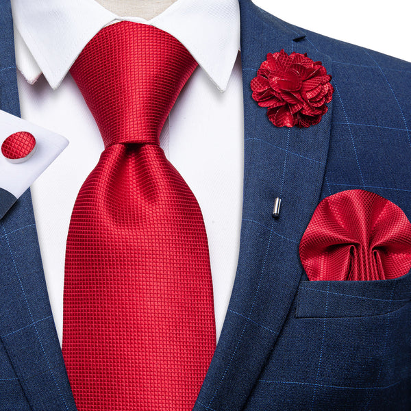Red Plaid Tie Pocket Square Cufflinks Set with Lapel Pin