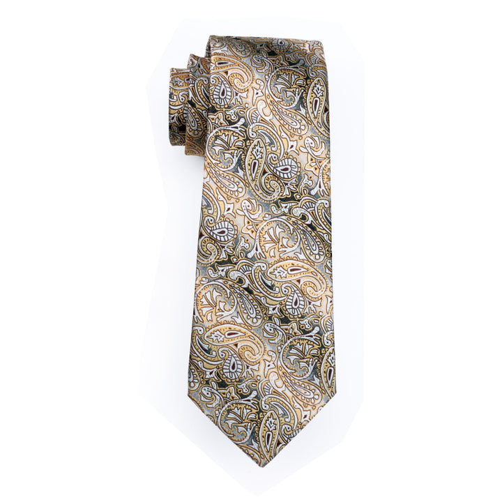 Yellow Grey Paisley mens silk tie and cufflink set